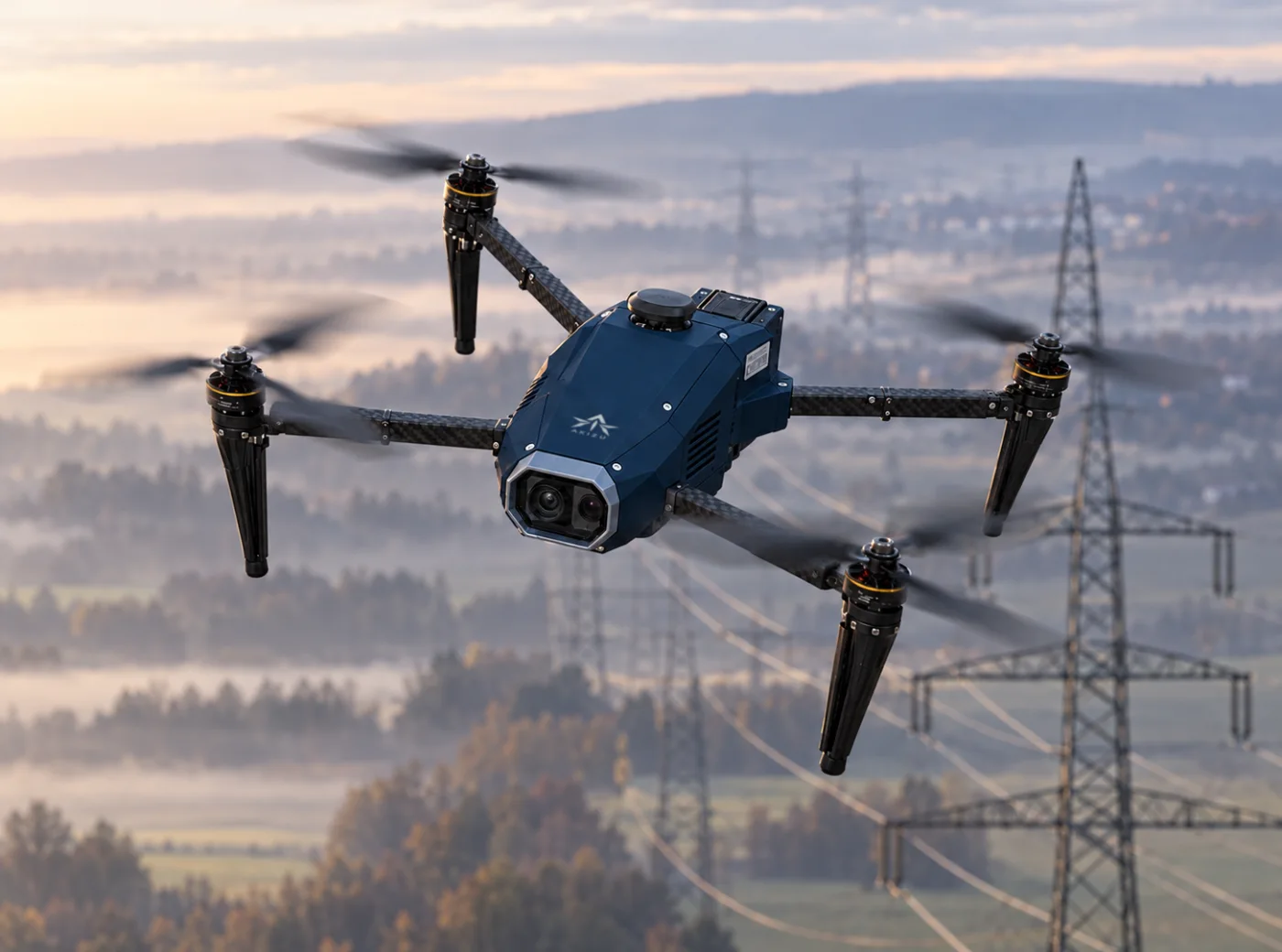 Dron AKIZU s tmavomodrým trupom nad koridorom vysokého napätia