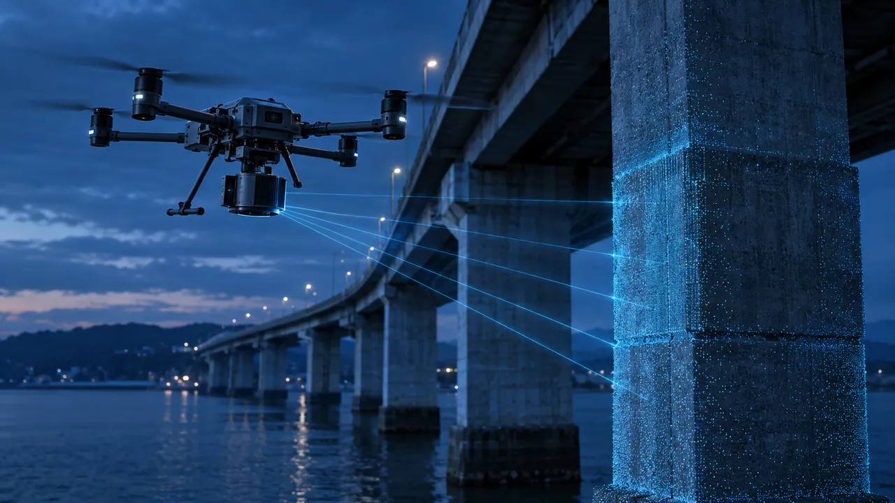 Drohne mit LiDAR-3D-Scanner neben einer Brücke, Visualisierung