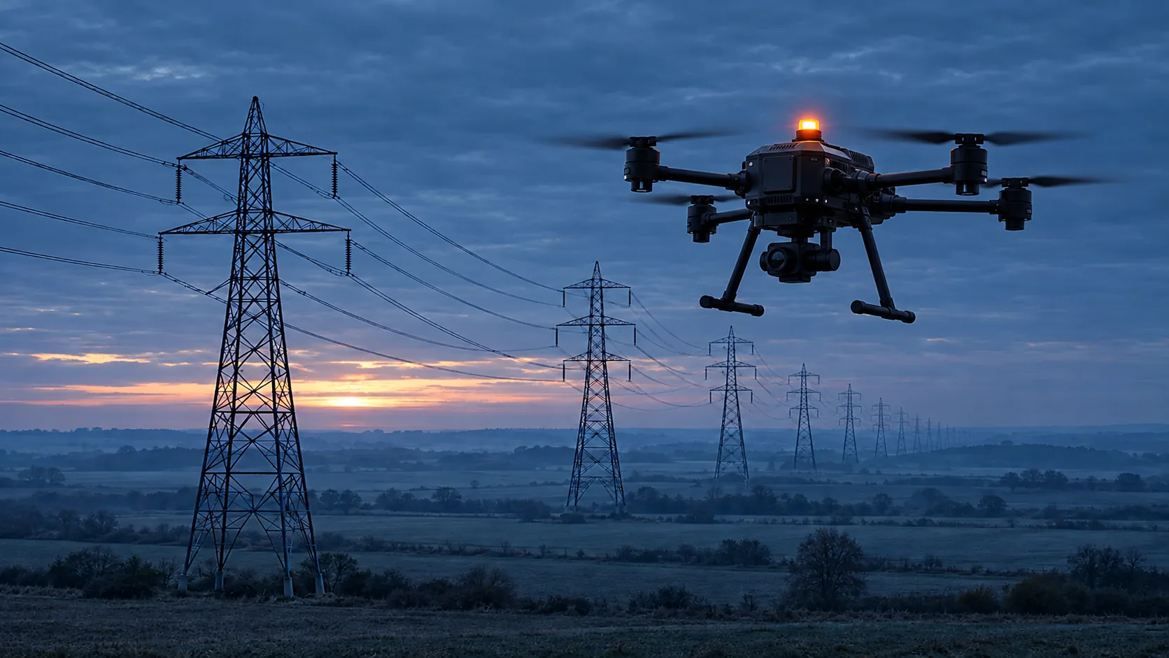 High-voltage line over open country at dawn, illustrative scene, visualisation