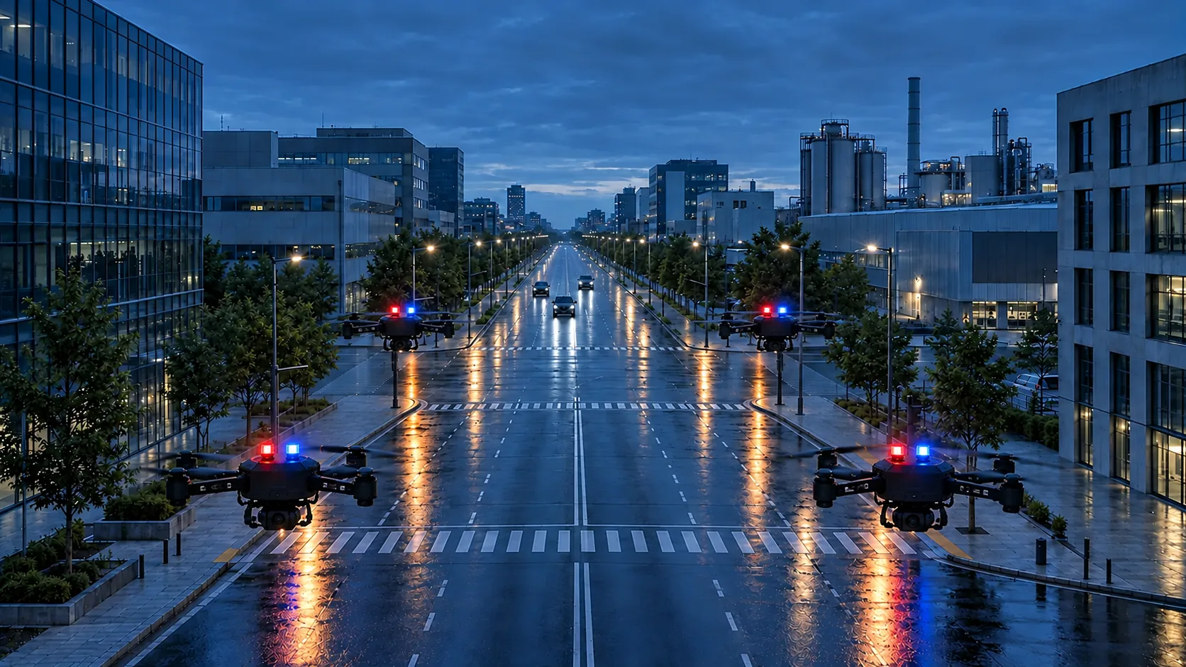 Drones with red and blue beacons holding intersection entries, cleared avenue, visualisation, visualisation