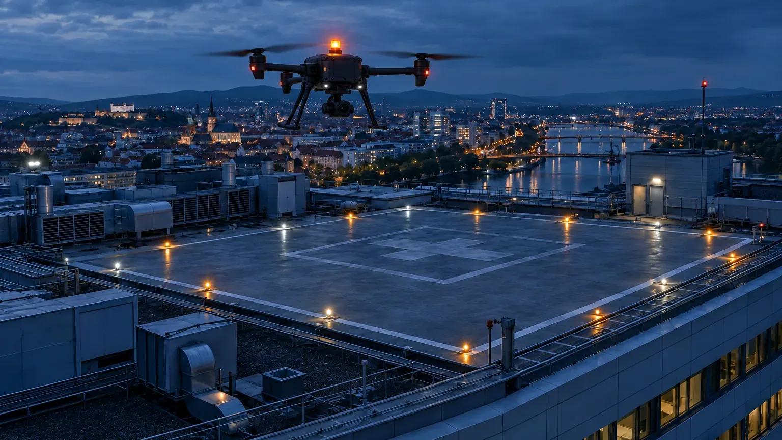 Hospital rooftop with a landing pad at dusk, illustrative scene, visualisation