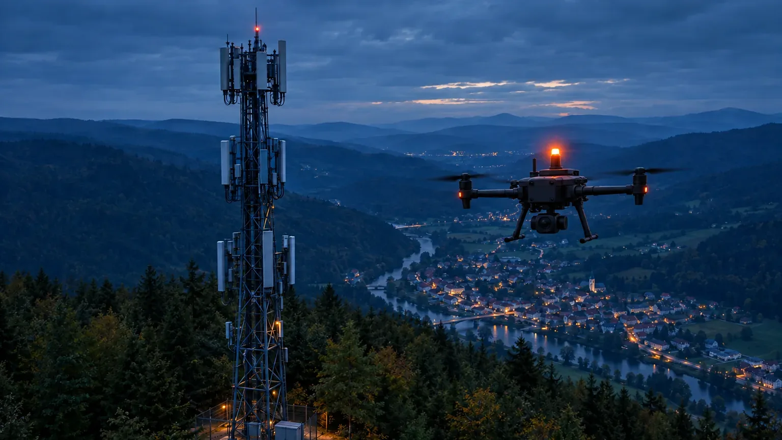 Mobile network tower on a hill above a valley at dusk, illustrative scene, visualisation