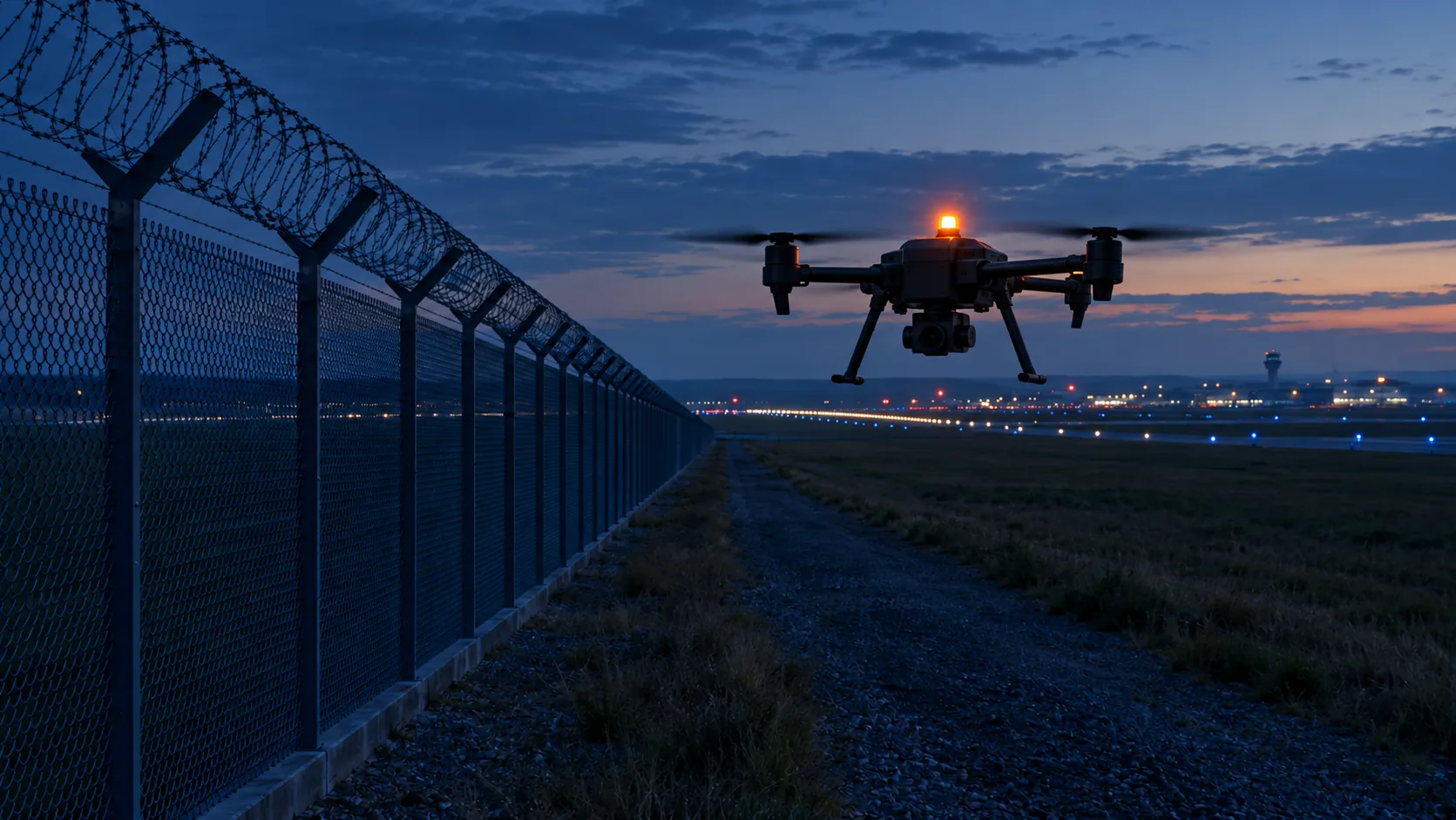 A long fence by an airfield at dusk, illustrative scene, visualisation