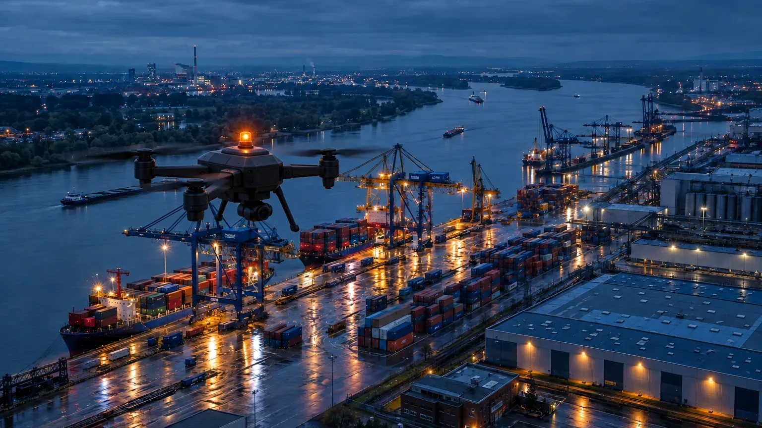 River port with cranes and containers at dusk, illustrative scene, visualisation